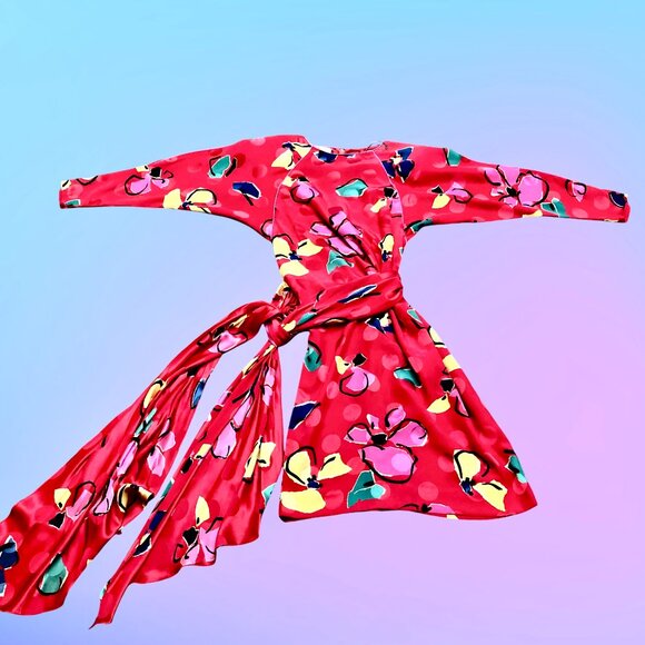 Joan Leslie by Kasper Vintage 70's Red SILK Dress Wrap Sash Hong Kong - Picture 5 of 14